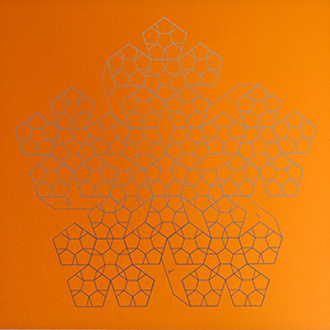 Screenprinted design of geometric design on bright orange paper